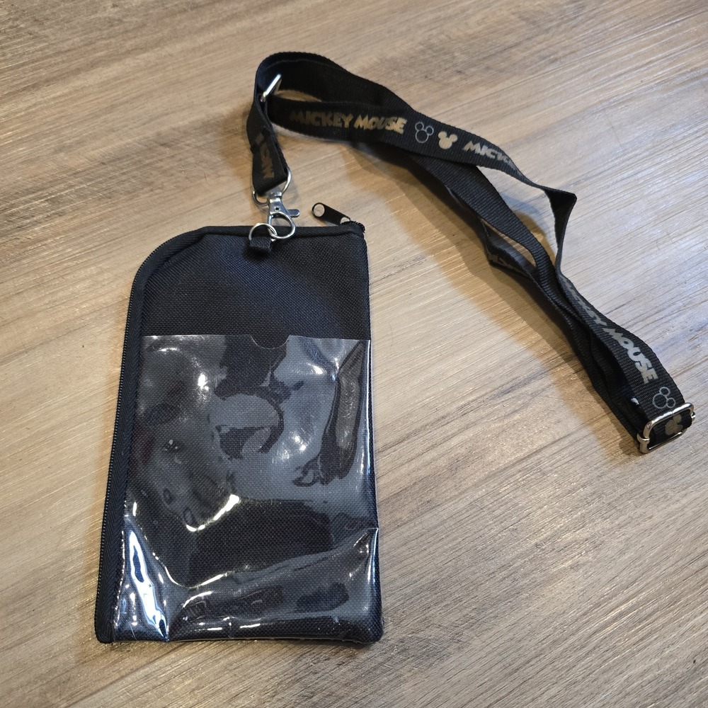 Disney Mickey Mouse Lanyard Case Black Gold ID Holder Coin Badge - Picture 2 of 3